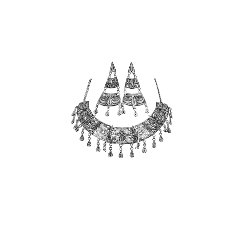 Silver Oxidised Choker Necklace with Earrings - Traditional Design