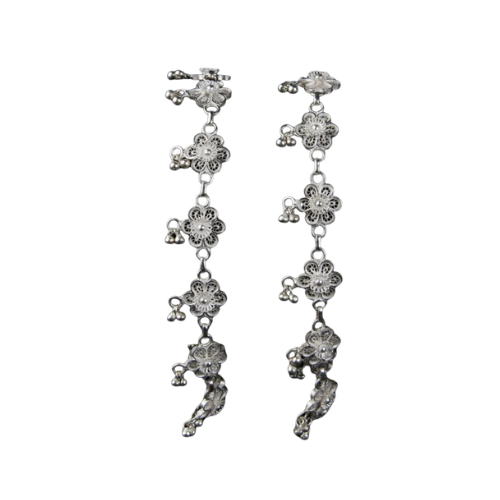 Silver Floral Chain Anklet - Traditional Design with Dangling Bells