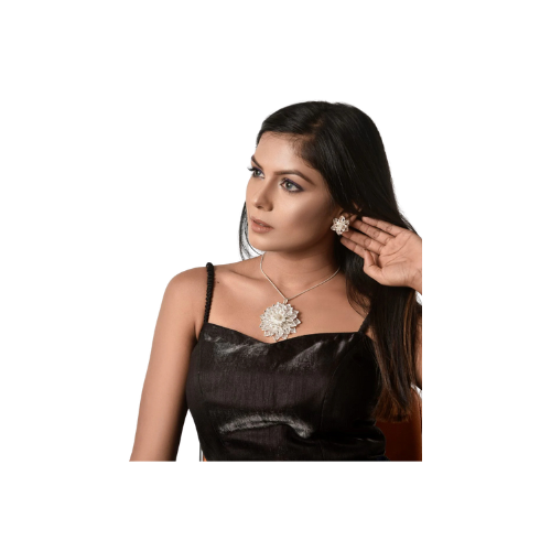 Bestseller! Stunning Black & Silver Floral Necklace & Earring Set